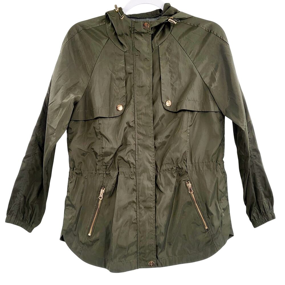 Cavalini Green Cinched Waist Hooded Windbreaker Jacket Women’s Sz Medium Petite